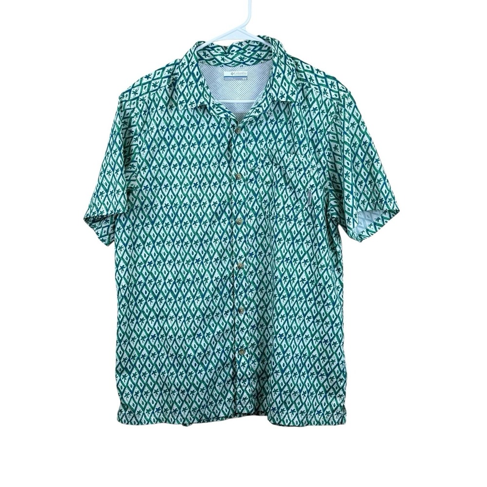 Columbia Pfg Shirt‎ M Fish Palm Tree Print Green Vented Outdoors Short Sleeve